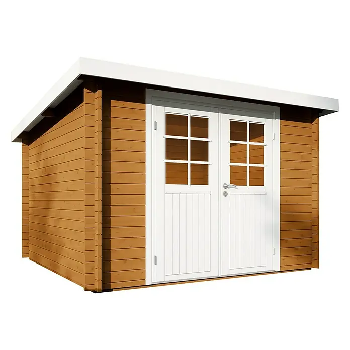 Wolff Finnhaus Gartenhaus Pulti 34-B Typ 2 - B x T: 360 x 300 cm, Holz, 7,2 m², Wandstärke: 34 mm, Bernstein/Nebelweiß - Diagonale Ansicht