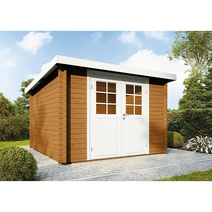 Wolff Finnhaus Gartenhaus Pulti 34-B Typ 2 - B x T: 360 x 300 cm, Holz, 7,2 m², Wandstärke: 34 mm, Bernstein/Nebelweiß - Stimmungsaufnahme