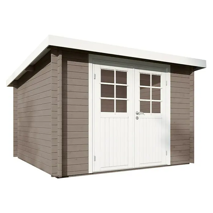 Wolff Finnhaus Gartenhaus Pulti 34-B Typ 2 - B x T: 360 x 300 cm, Holz, 7,2 m², Wandstärke: 34 mm, Gletschergrau/Nebelweiß - Diagonale Ansicht