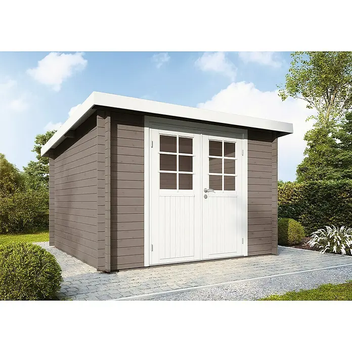 Wolff Finnhaus Gartenhaus Pulti 34-B Typ 2 - B x T: 360 x 300 cm, Holz, 7,2 m², Wandstärke: 34 mm, Gletschergrau/Nebelweiß - Stimmungsaufnahme