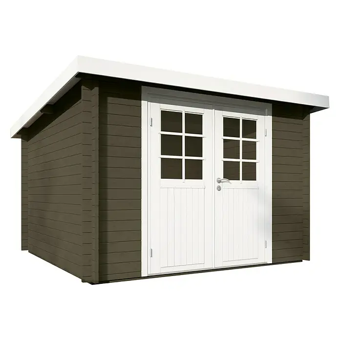Wolff Finnhaus Gartenhaus Pulti 34-B Typ 2 - B x T: 360 x 300 cm, Holz, 7,2 m², Wandstärke: 34 mm, Felsgrau/Nebelweiß - Diagonale Ansicht