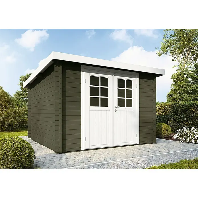 Wolff Finnhaus Gartenhaus Pulti 34-B Typ 2 - B x T: 360 x 300 cm, Holz, 7,2 m², Wandstärke: 34 mm, Felsgrau/Nebelweiß - Stimmungsaufnahme
