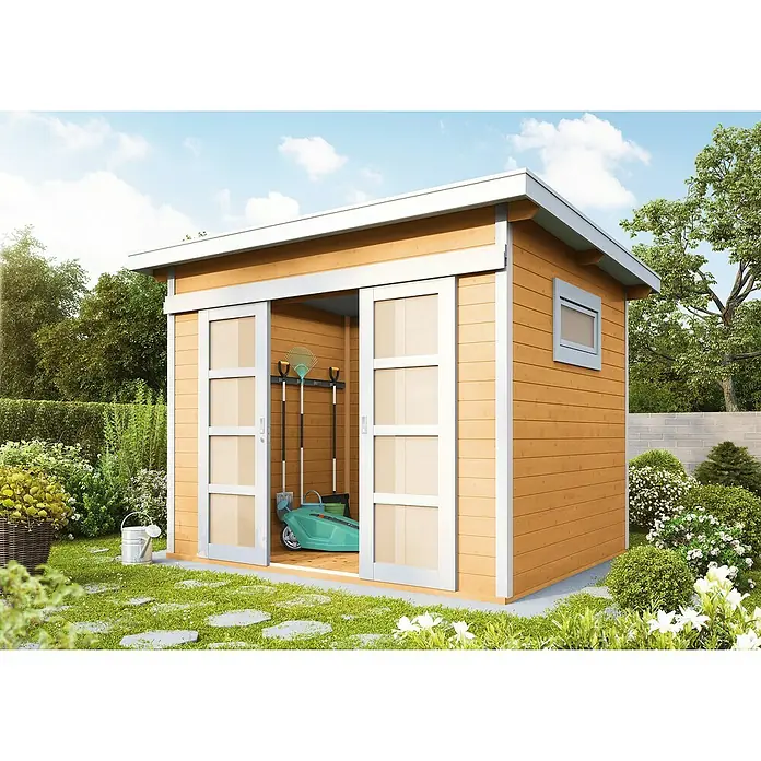 Wolff Finnhaus Gartenhaus Pulti 28 ST-B - B x T: 340 x 280 cm, Holz, 7,2 m², Wandstärke: 28 mm, Fichte/Nebelweiß - Stimmungsaufnahme