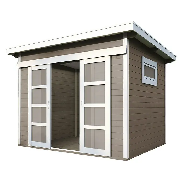Wolff Finnhaus Gartenhaus Pulti 28 ST-B - B x T: 340 x 280 cm, Holz, 7,2 m², Wandstärke: 28 mm, Gletschergrau/Nebelweiß - Diagonale Ansicht