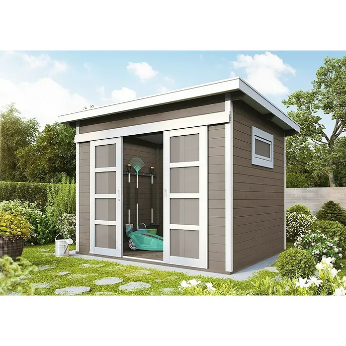 Wolff Finnhaus Gartenhaus Pulti 28 ST-D - B x T: 340 x 340 cm, Holz, 9 m², Wandstärke: 28 mm, Gletschergrau/Nebelweiß - Stimmungsaufnahme