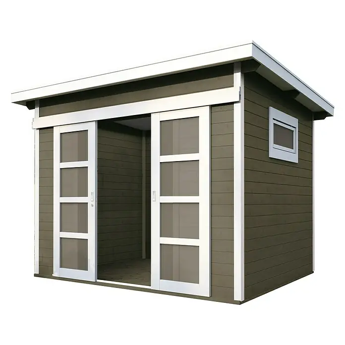 Wolff Finnhaus Gartenhaus Pulti 28 ST-B - B x T: 340 x 280 cm, Holz, 7,2 m², Wandstärke: 28 mm, Felsgrau/Nebelweiß - Diagonale Ansicht