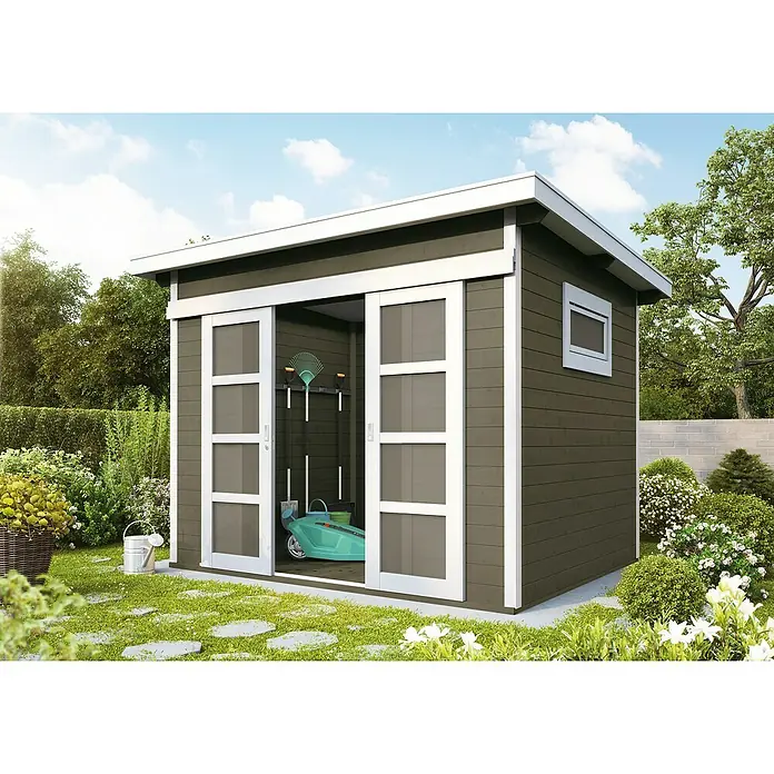 Wolff Finnhaus Gartenhaus Pulti 28 ST-B - B x T: 340 x 280 cm, Holz, 7,2 m², Wandstärke: 28 mm, Felsgrau/Nebelweiß - Stimmungsaufnahme