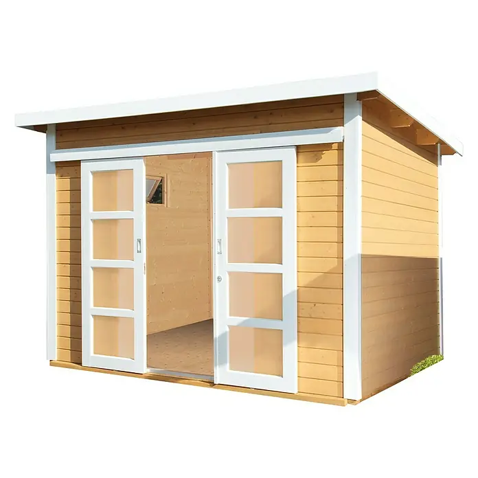Wolff Finnhaus Gartenhaus Pulti 28 ST-D - B x T: 340 x 340 cm, Holz, 9 m², Wandstärke: 28 mm, Fichte/Nebelweiß - Diagonale Ansicht