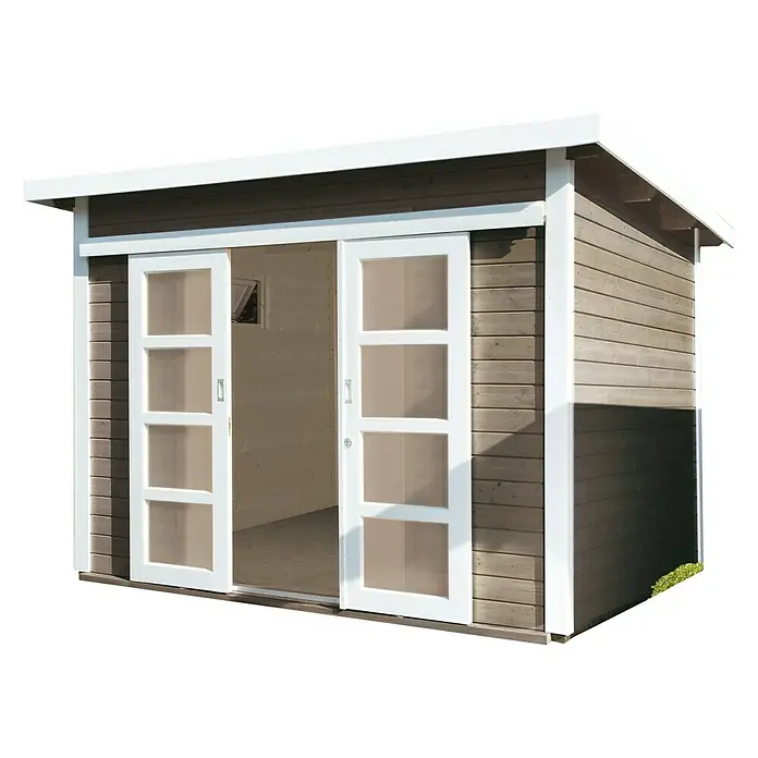 Wolff Finnhaus Gartenhaus Pulti 28 ST-D - B x T: 340 x 340 cm, Holz, 9 m², Wandstärke: 28 mm, Gletschergrau/Nebelweiß - Diagonale Ansicht