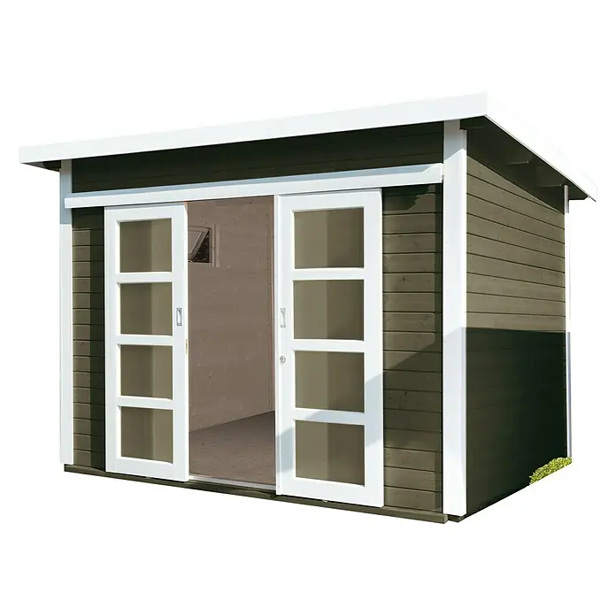 Wolff Finnhaus Gartenhaus Pulti 28 ST-D - B x T: 340 x 340 cm, Holz, 9 m², Wandstärke: 28 mm, Felsgrau/Nebelweiß - Diagonale Ansicht