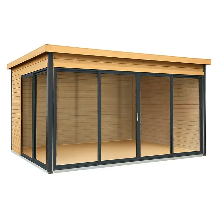 Wolff Finnhaus Gartenhaus Studio 44-D - B x T: 438 x 342 cm, Holz, 13,5 m², Wandstärke: 44 mm, Natur/Anthrazit - Diagonale Ansicht