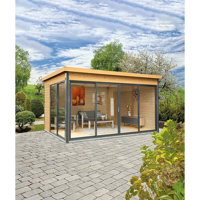 Wolff Finnhaus Gartenhaus Studio 44-D - B x T: 438 x 342 cm, Holz, 13,5 m², Wandstärke: 44 mm, Natur/Anthrazit - Stimmungsaufnahme