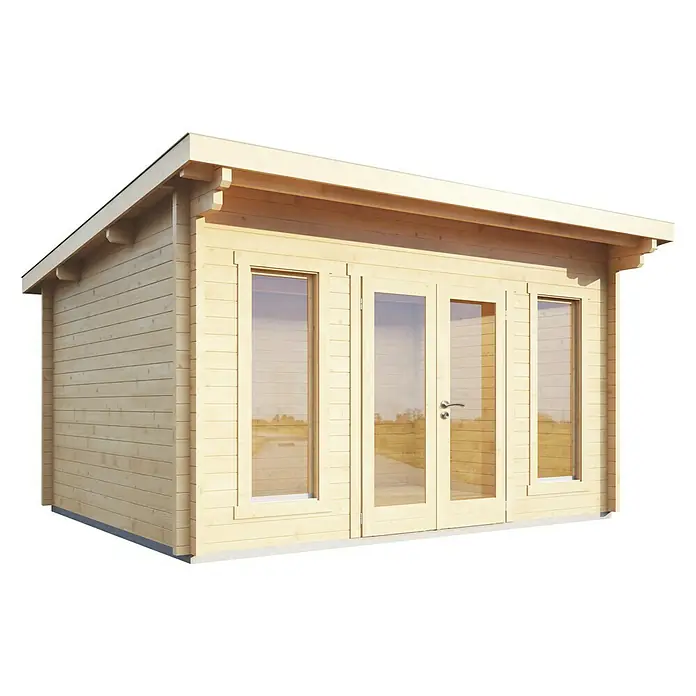 Wolff Finnhaus Gartenhaus Trondheim 44-B - 400 x 450 cm, Holz, 13 m², Wandstärke: 44 mm, Natur - Diagonale Ansicht