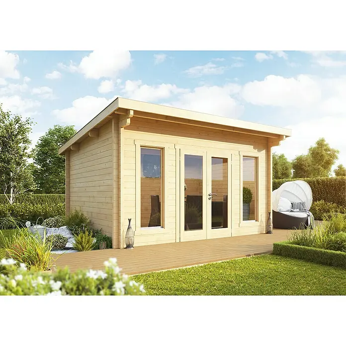 Wolff Finnhaus Gartenhaus Trondheim 44-B - 400 x 450 cm, Holz, 13 m², Wandstärke: 44 mm, Natur - Stimmungsaufnahme