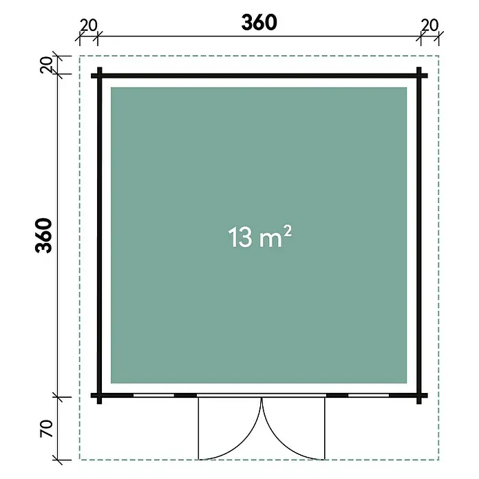 Wolff Finnhaus Gartenhaus Trondheim 44-B - 400 x 450 cm, Holz, 13 m², Wandstärke: 44 mm, Natur - Skizze