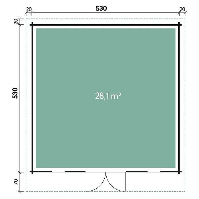 Wolff Finnhaus Gartenhaus Trondheim 70-G - 5,7 x 6,2 m, Wandstärke: 70 mm, 28,1 m², Holz, Natur - Skizze