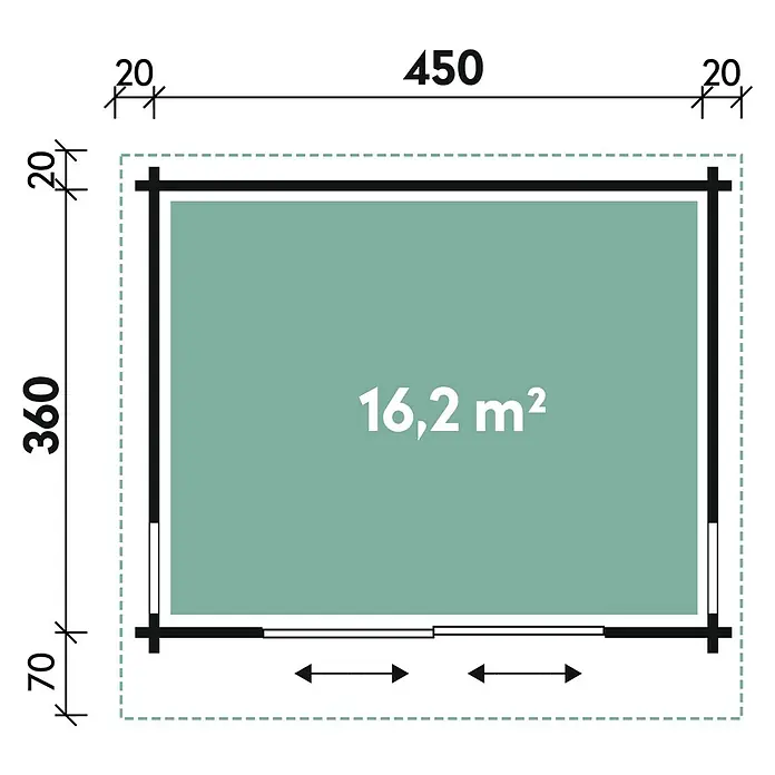 Wolff Finnhaus Gartenhaus Trondheim 44-D XL - 490 x 450 cm, Holz, 16,2 m², Wandstärke: 44 mm - Skizze