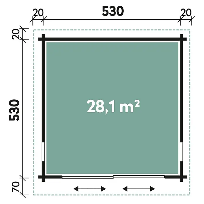 Wolff Finnhaus Gartenhaus Trondheim 44-G XL - 570 x 620 cm, Holz, 28,1 m², Wandstärke: 44 mm - Skizze