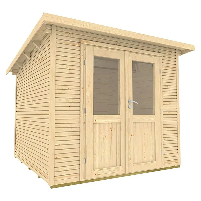 Wolff Finnhaus Gartenhaus Pulti Softline 2424 - 5,55 x 2,86 m, Wandstärke: 28 mm, 12,8 m², Holz, Natur - Diagonale Ansicht