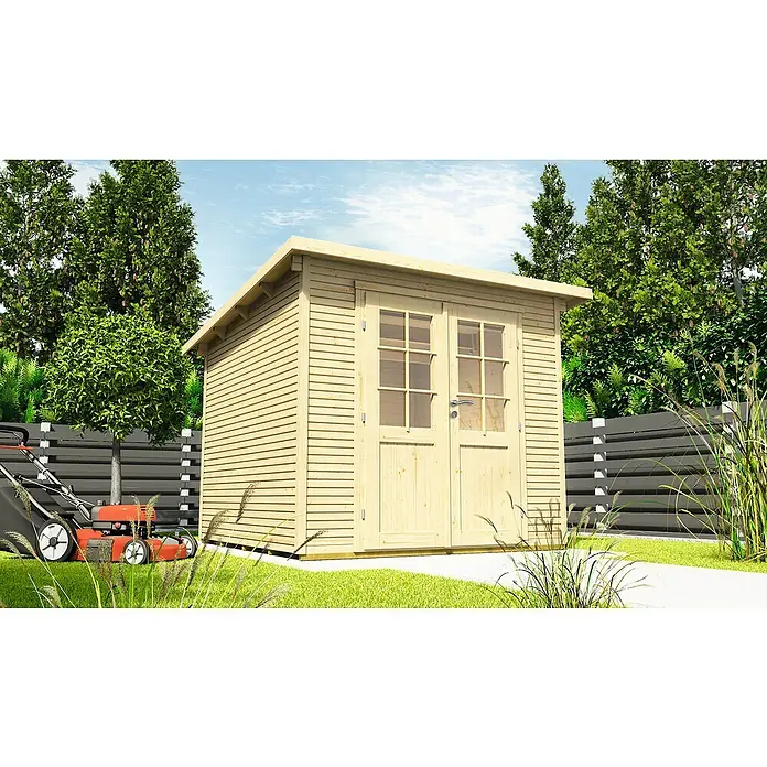 Wolff Finnhaus Gartenhaus Pulti Softline 2424 - 5,55 x 2,86 m, Wandstärke: 28 mm, 12,8 m², Holz, Natur - Stimmungsaufnahme