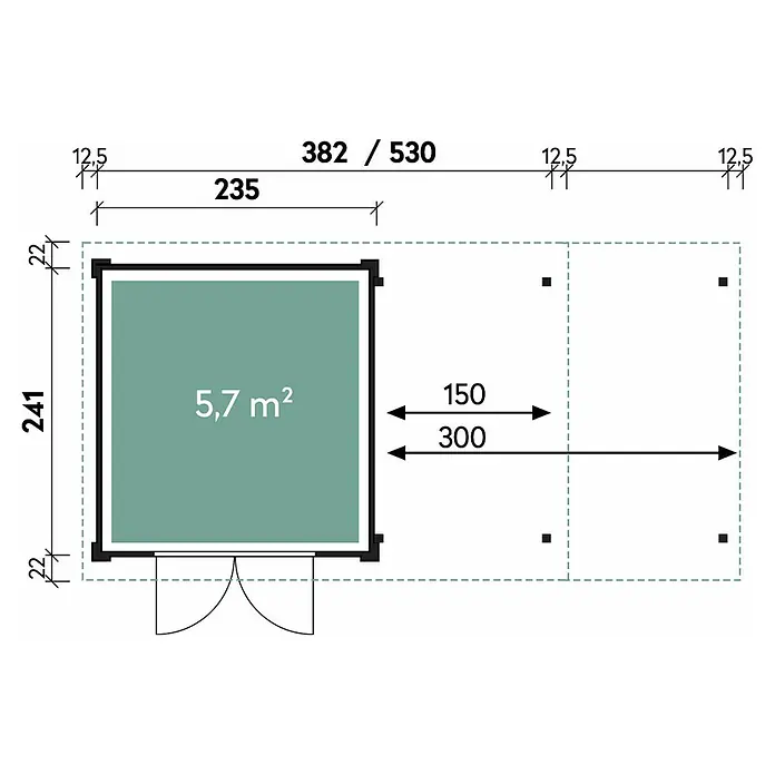 Wolff Finnhaus Gartenhaus Pulti Softline 2424 - 5,55 x 2,86 m, Wandstärke: 28 mm, Anthrazit - Skizze