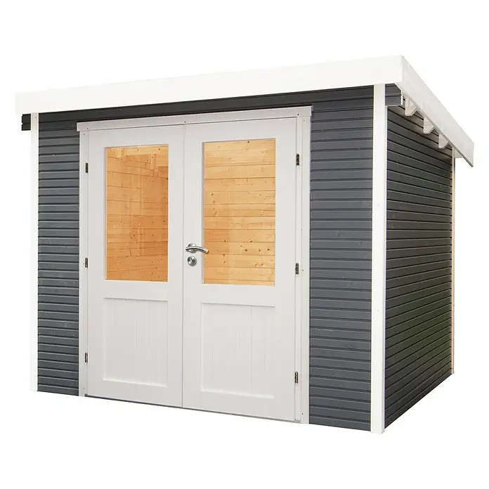 Wolff Finnhaus Gartenhaus Pulti Softline 2424 - 5,55 x 2,86 m, Wandstärke: 28 mm, Anthrazit - Diagonale Ansicht