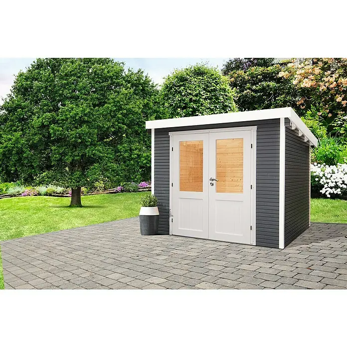 Wolff Finnhaus Gartenhaus Pulti Softline 2424 - 5,55 x 2,86 m, Wandstärke: 28 mm, Anthrazit - Stimmungsaufnahme
