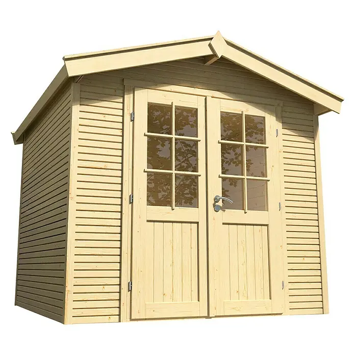 Wolff Finnhaus Gartenhaus Klassik 2424 Softline - 2,73 x 2,69 m, Wandstärke: 28 mm, Natur - Diagonale Ansicht