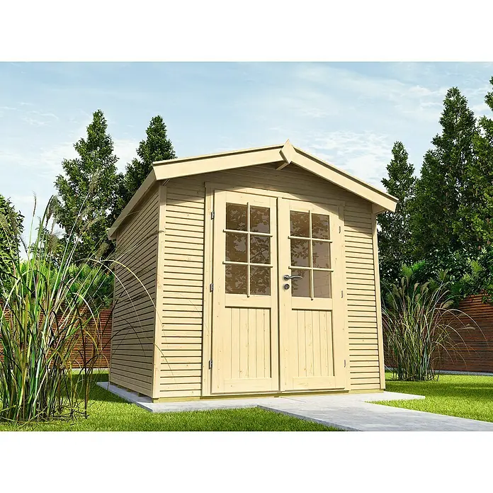 Wolff Finnhaus Gartenhaus Klassik 2424 Softline - 2,73 x 2,69 m, Wandstärke: 28 mm, Natur - Stimmungsaufnahme