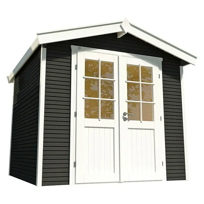 Wolff Finnhaus Gartenhaus Klassik 2424 Softline - 2,73 x 2,69 m, Wandstärke: 28 mm, Anthrazit - Diagonale Ansicht