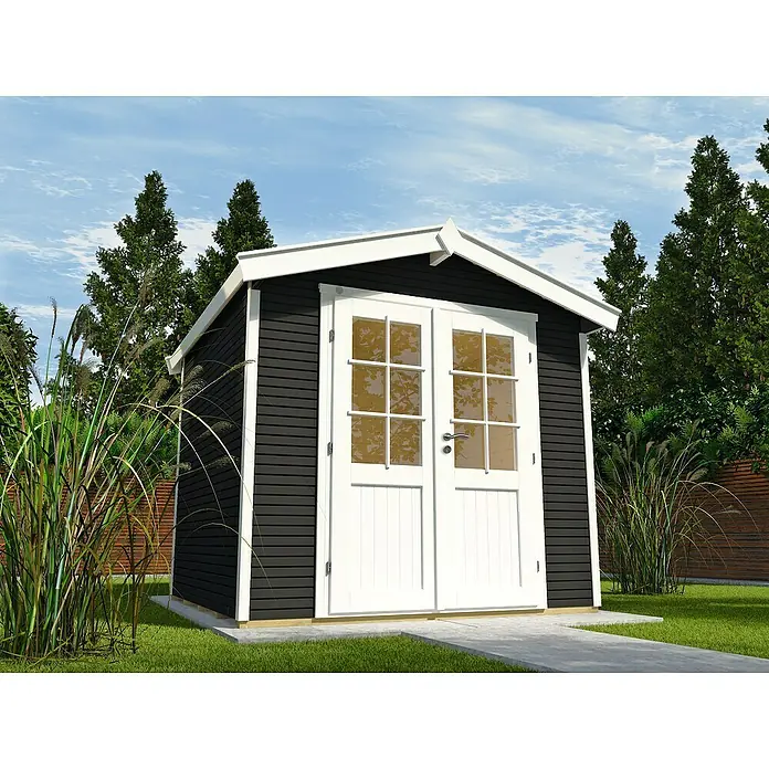Wolff Finnhaus Gartenhaus Klassik 2424 Softline - 2,73 x 2,69 m, Wandstärke: 28 mm, Anthrazit - Stimmungsaufnahme