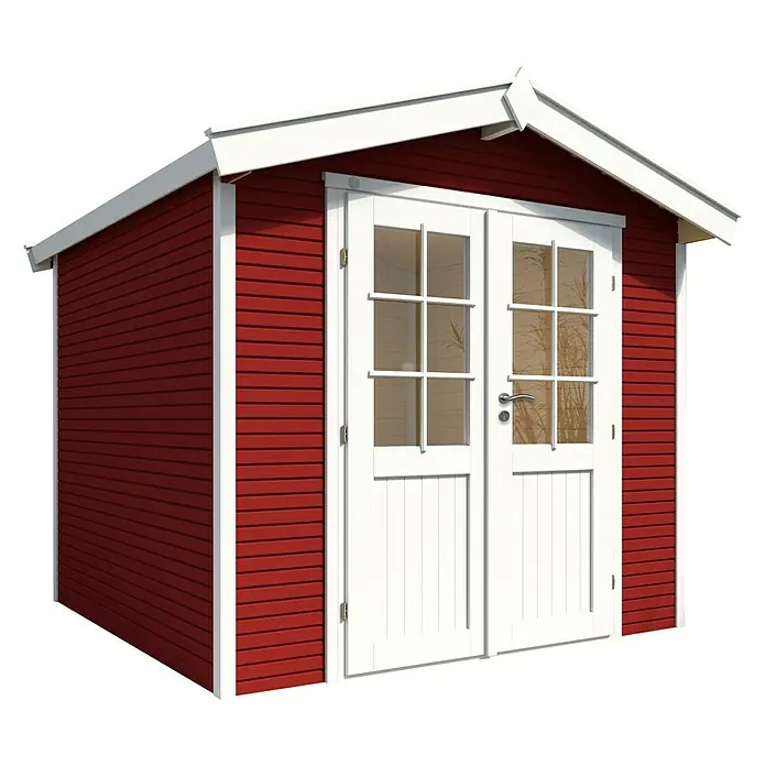 Wolff Finnhaus Gartenhaus Klassik 2424 Softline - 2,73 x 2,69 m, Wandstärke: 28 mm, Schwedenrot - Diagonale Ansicht