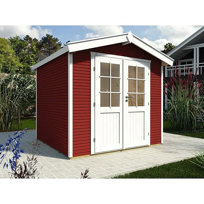 Wolff Finnhaus Gartenhaus Klassik 2424 Softline - 2,73 x 2,69 m, Wandstärke: 28 mm, Schwedenrot - Stimmungsaufnahme
