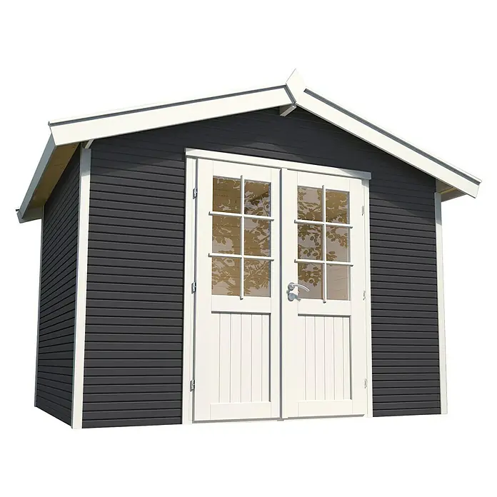Wolff Finnhaus Gartenhaus Klassik 3024 Softline - 3,53 x 2,65 m, Wandstärke: 28 mm, Anthrazit, Weiß - Diagonale Ansicht
