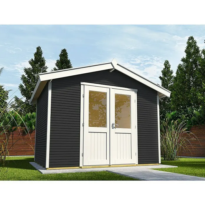 Wolff Finnhaus Gartenhaus Klassik 3024 Softline - 3,53 x 2,65 m, Wandstärke: 28 mm, Anthrazit, Weiß - Stimmungsaufnahme