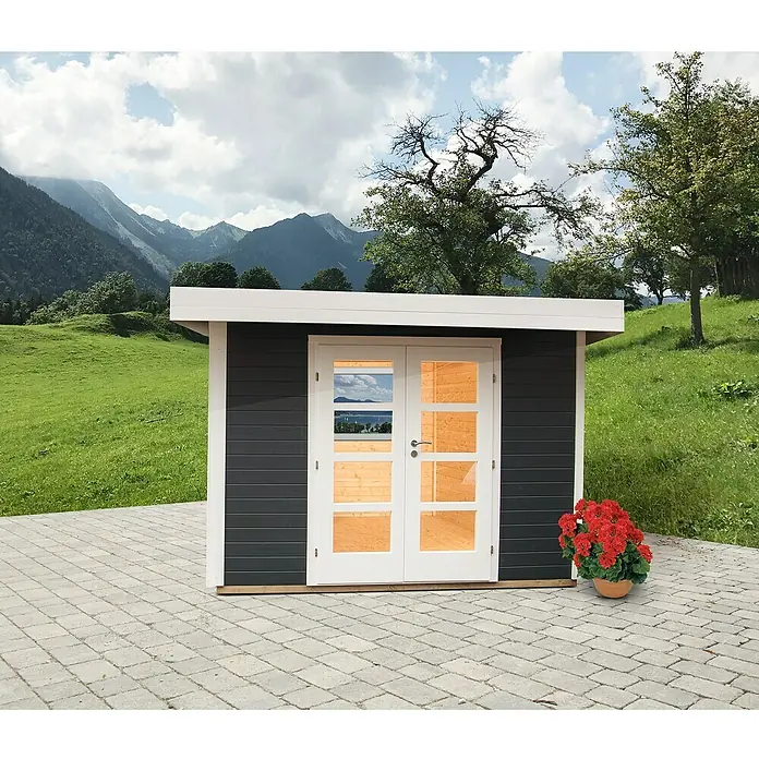 Wolff Finnhaus Gartenhaus Relax C - 3,56 x 3,75 m, Wandstärke: 28 mm, Anthrazit, Weiß - Stimmungsaufnahme