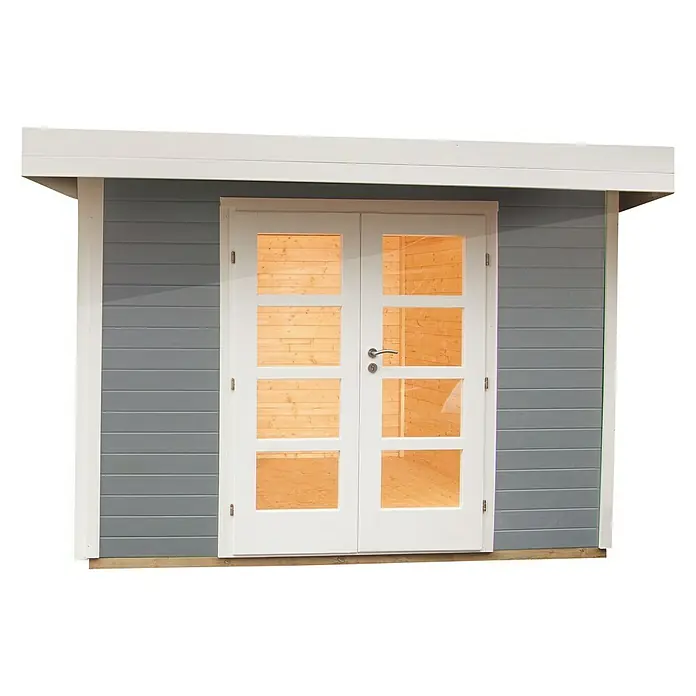 Wolff Finnhaus Gartenhaus Relax B - 3,56 x 3,14 m, Wandstärke: 28 mm, Grau, Weiß - Vorderansicht