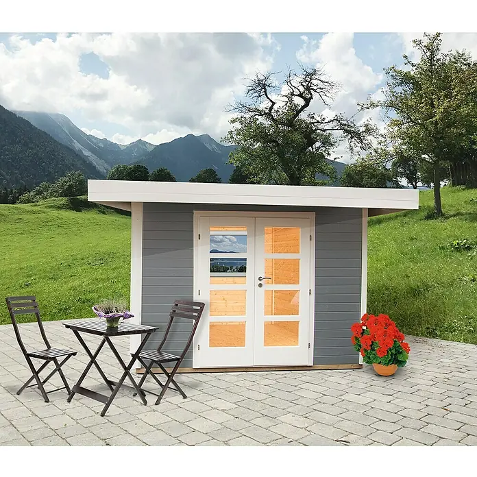 Wolff Finnhaus Gartenhaus Relax B - 3,56 x 3,14 m, Wandstärke: 28 mm, Grau, Weiß - Stimmungsaufnahme