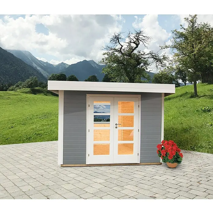 Wolff Finnhaus Gartenhaus Relax C - 3,56 x 3,75 m, Wandstärke: 28 mm, Grau, Weiß - Stimmungsaufnahme