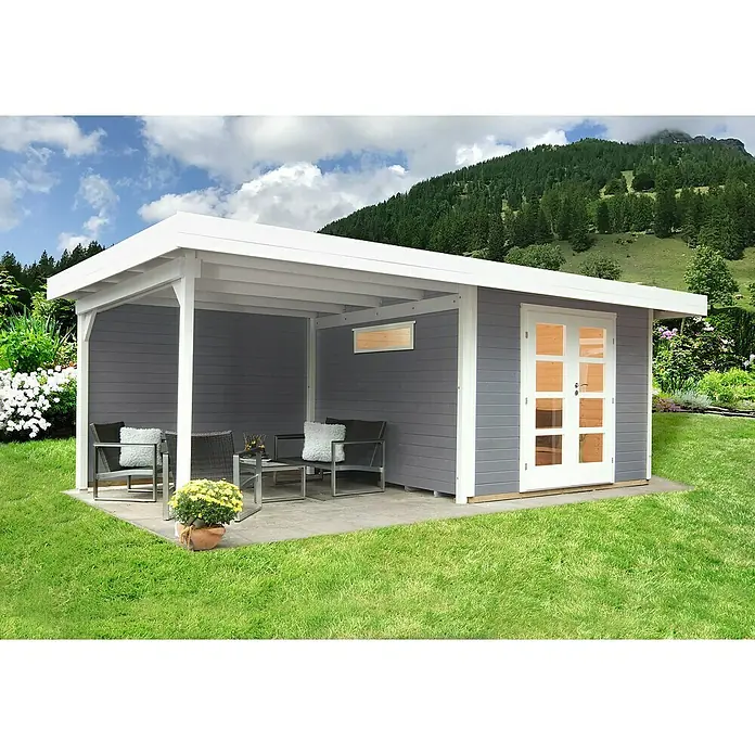 Wolff Finnhaus Gartenhaus Relax Lounge B - 6,45 x 3,14 m, Wandstärke: 28 mm, Grau, Weiß - Stimmungsaufnahme
