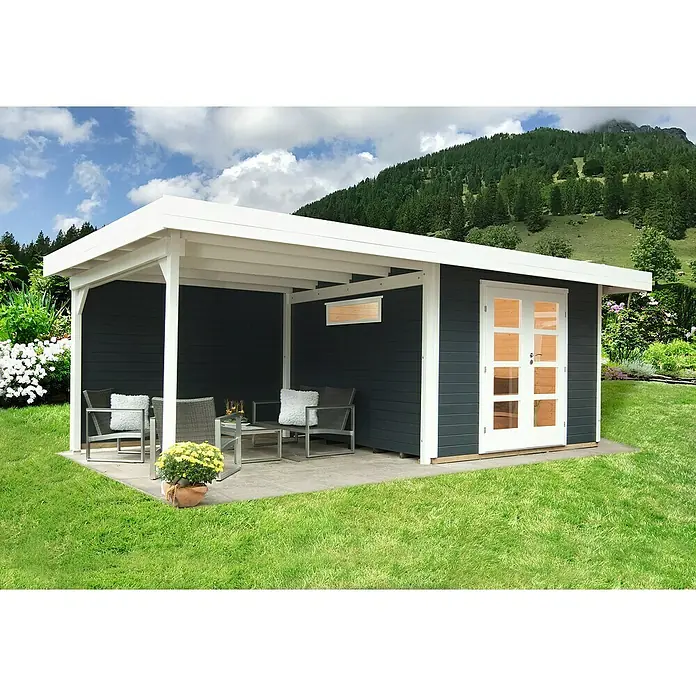 Wolff Finnhaus Gartenhaus Relax Lounge B - 6,45 x 3,14 m, Wandstärke: 28 mm, Anthrazit, Weiß - Stimmungsaufnahme