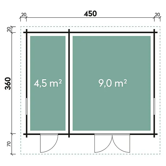 Wolff Finnhaus Gartenhaus Trondheim 70-D - B x T: 490 x 450 cm, Holz, 16,2 m², Wandstärke: 70 mm, 2 Räume - Skizze