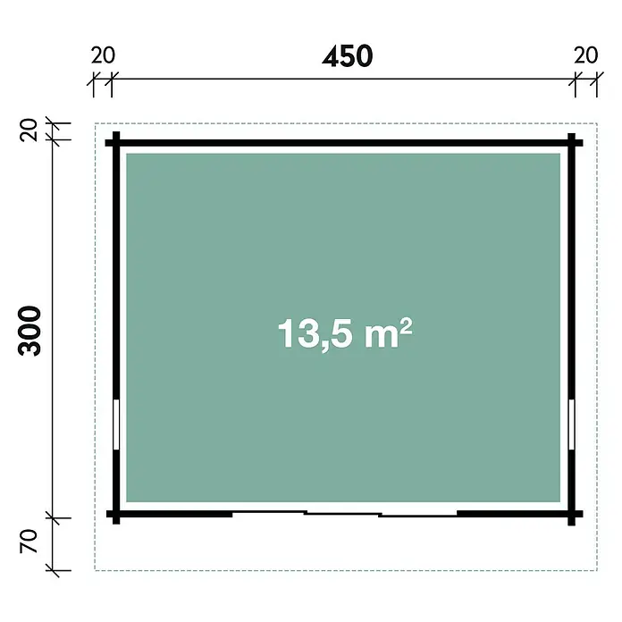 Wolff Finnhaus Gartenhaus Trondheim 70-D XL - 490 x 450 cm, Holz, 16,2 m², Wandstärke: 70 mm - Skizze