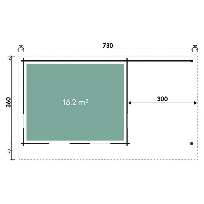 Wolff Finnhaus Gartenhaus Trondheim 70-D XL - 770 x 450 cm, Holz, 26,3 m², Wandstärke: 70 mm, Mit rechtsseitigem Anbau - Skizze