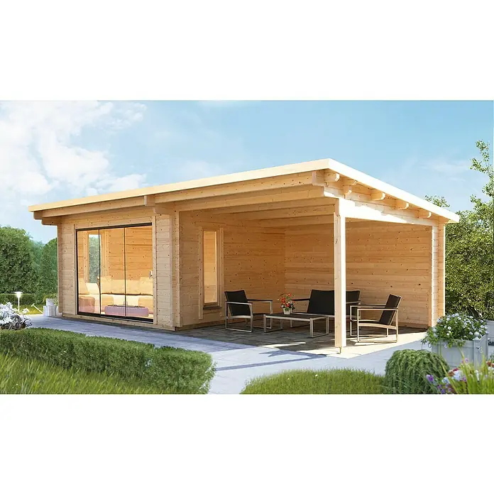 Wolff Finnhaus Gartenhaus Trondheim 70-D XL - 770 x 450 cm, Holz, 26,3 m², Wandstärke: 70 mm, Mit rechtsseitigem Anbau - Stimmungsaufnahme