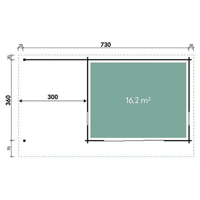 Wolff Finnhaus Gartenhaus Trondheim 70-D XL - 770 x 450 cm, Holz, 26,3 m², Wandstärke: 70 mm, Mit linksseitigem Anbau - Skizze