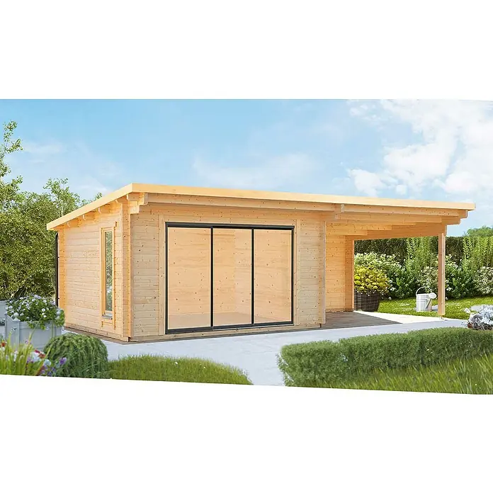 Wolff Finnhaus Gartenhaus Trondheim 70-D XL - 870 x 450 cm, Holz, 29,9 m², Wandstärke: 70 mm, Mit rechtsseitigem Anbau - Stimmungsaufnahme