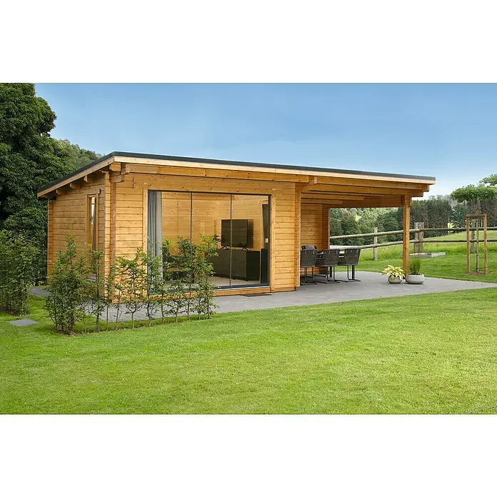 Wolff Finnhaus Gartenhaus Trondheim 70-D XL - 870 x 450 cm, Holz, 29,9 m², Wandstärke: 70 mm, Mit rechtsseitigem Anbau - Stimmungsaufnahme