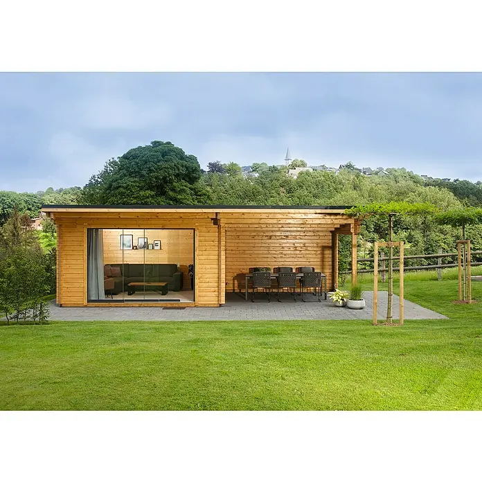 Wolff Finnhaus Gartenhaus Trondheim 70-D XL - 870 x 450 cm, Holz, 29,9 m², Wandstärke: 70 mm, Mit rechtsseitigem Anbau - Stimmungsaufnahme