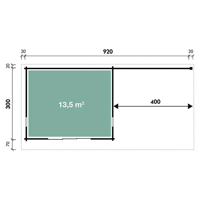 Wolff Finnhaus Gartenhaus Trondheim 70-D XL - 870 x 450 cm, Holz, 29,9 m², Wandstärke: 70 mm, Mit rechtsseitigem Anbau - Skizze